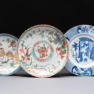A Dutch-decorated Chinese plate, an Imari-verte dish and a blue and white dish, Kangxi/Yongzheng
