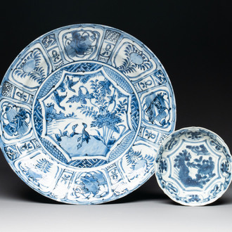 A Chinese blue and white 'kraak' dish and a plate, Wanli