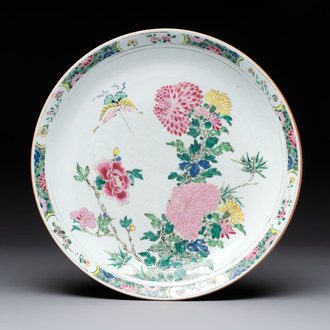 A Chinese famille rose 'butterfly among flowers' dish, Yongzheng