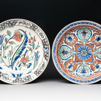 Two Iznik style dishes, Boch Frères Keramis and Nimy, 1st half 20th C.