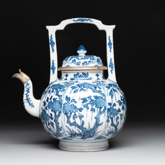 A Chinese blue and white silver-mounted wine pot, Kangxi