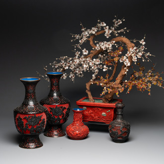 A collection of four Chinese lacquered enamel vases and a hardstone bonsai tree, 20th C.