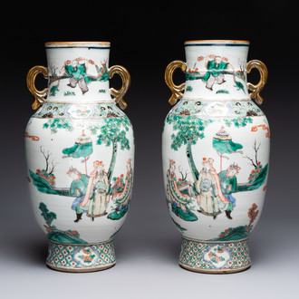 A pair of Chinese famille verte vases with narrative design, 19th C.