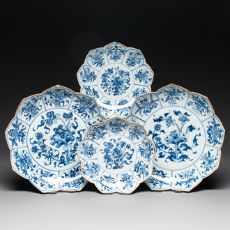 A pair of Chinese blue and white 'lotus' dishes and a pair of plates, Kangxi/Yongzheng