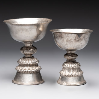 Two Tibetan silver butter lamps, 19th C.