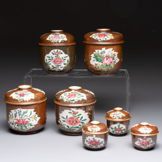 Seven Chinese famille rose capucin-brown-ground covered bowls, Qianlong
