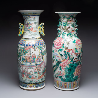 A Chinese famille rose vase with narrative design and a 'phoenixes' vase, 19th C.