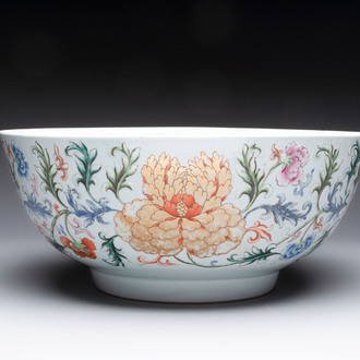 An unusual Chinese famille rose punch bowl with floral relief design, Qianlong