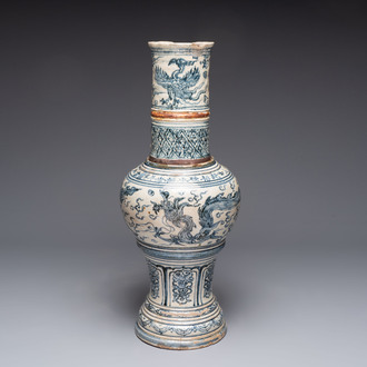 A large Annamese or Vietnamese blue and white inscribed two-piece altar vase, 16th C.