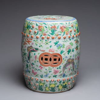 A Chinese celadon-ground famille rose garden seat, 19th C.