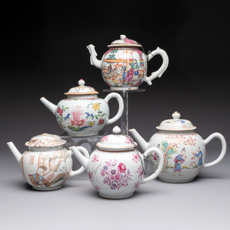 Five Chinese famille rose 'mandarin subject' and floral design teapots, Qianlong