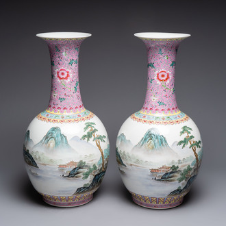 A pair of Chinese famille rose 'riverscape' vases, Qianlong mark, 20th C.