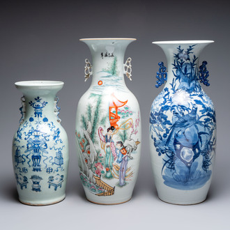 Two Chinese blue and white celadon-ground vases and a famille rose vase, signed Mao Zirong 毛子榮, 19/20th C.