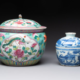 A Chinese famille rose 'kamcheng' bowl and cover and a blue and white 'chupu' bowl and cover for the Straits or Peranakan market, 19th C.