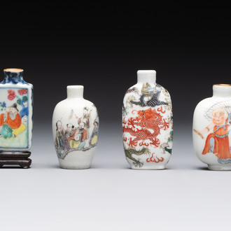 Four Chinese famille rose and verte snuff bottles, dragon and Qianlong marks, 19th C.