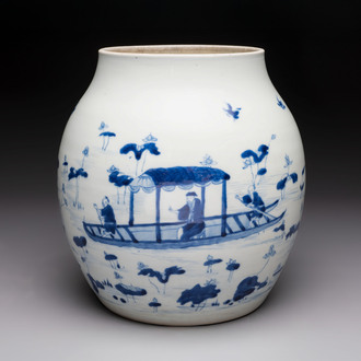 A Chinese blue and white 'lotus pond' jar for the Vietnamese market, Yongzheng mark, 18/19th C.