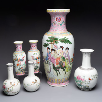 Six Chinese famille rose vases, 20th C.
