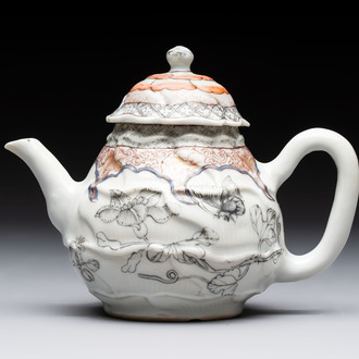 A Chinese rose-grisaille molded teapot with floral design, Yongzheng/Qianlong