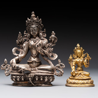 A Tibetan gilt-bronze Tara and a silver Tara, 19/20th C.