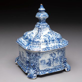 A blue and white Dutch Delft tobacco box and cover, dated 1768