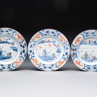 Three Chinese Imari-style plates with Western landscapes, Kangxi