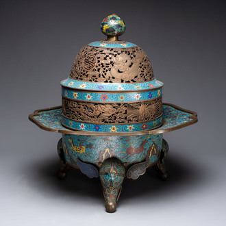 A large Chinese cloisonné tripod censer and cover, 19th C.