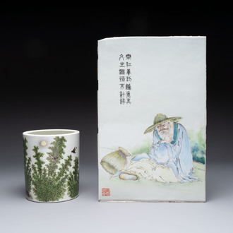 A Chinese qianjiang cai plaque and a brush pot, signed Deng Bizhao 鄧必昭 and Xu Zhongnan 徐仲南, dated 1941