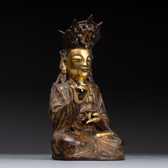 A Chinese parcel-gilt bronze Guanyin, Ming