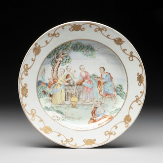 A Chinese famille rose 'Rebecca at the well' plate, Qianlong, circa 1750