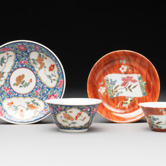 A Chinese famille rose blue-ground cup and saucer, and a 'faux-bois' cup and saucer, Yongzheng/Qianlong