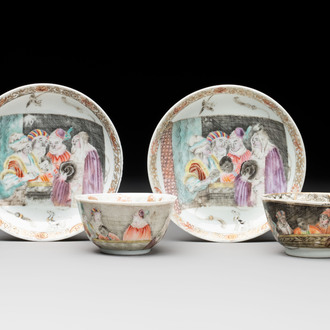 A pair of rare Chinese rose-grisaille cups and saucers after 'Actors of the Comédie-Française' by Watteau, Yongzheng/Qianlong
