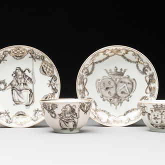 Two Chinese gilt-decorated grisaille cups and saucers for the European market, Qianlong