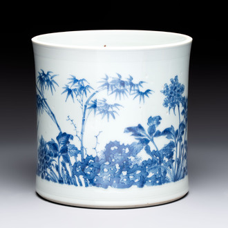 A large Chinese blue and white 'birds, bamboo and flowers' brush pot, Transitional period