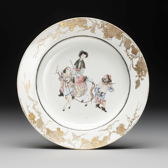 A Chinese famille rose semi-eggshell plate with a lady on horseback and attendants, Yongzheng