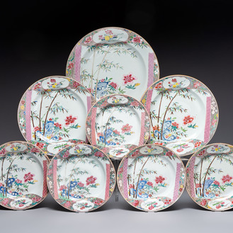 A set of five Chinese famille rose 'floral scroll painting' plates and three dishes, Qianlong