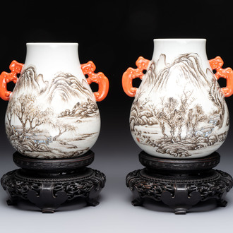A pair of small Chinese grisaille 'hu' vases with winter landscapes, Qianlong and Tangying marks, Republic