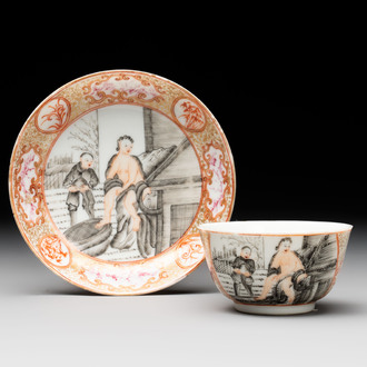 A Chinese gilt-decorated grisaille semi-erotic 'European subject' cup and saucer, Qianlong, ca. 1755