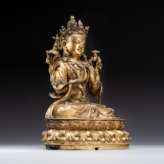 An extremely rare and fine Chinese gilt-bronze Buddha, inscribed 大明正統己未金川比丘昌靜捐資命工造, Zhengtong mark and of the period, dated 1439