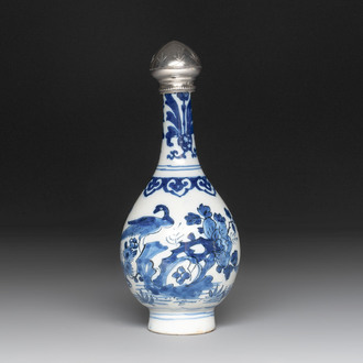 A blue and white Dutch Delft vase with silver cover, 18th C.
