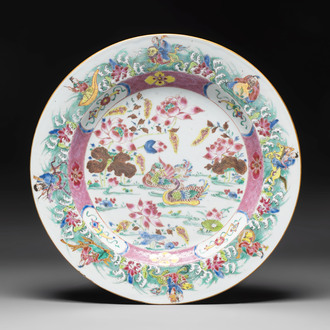 A Chinese famille rose 'mandarin ducks and Eight Immortals' dish, Qianlong