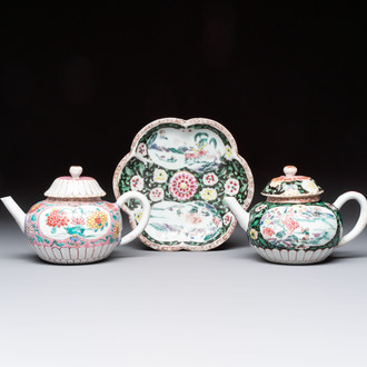 A Chinese famille rose teapot and stand, and a famille rose black-ground teapot, Qianlong