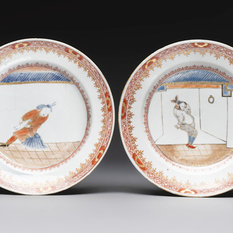 A rare pair of Chinese polychrome 'Commedia dell’arte' 'South Sea Bubble' plates, Yongzheng, ca. 1725
