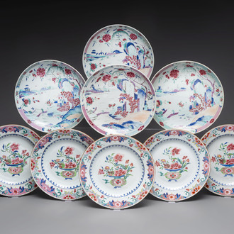 Four Chinese famille rose 'river landscape' plates and five 'flower basket' plates, Qianlong