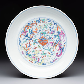A Chinese doucai plate with floral design, Qianlong mark, 20th C.
