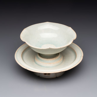 A Chinese qingbai lobed cup and stand, Song