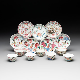 Seven Chinese famille rose cups and saucers, Yongzheng/Qianlong