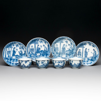 A set of four Chinese blue and white 'Senses of Smell' cups and saucers, artemisia leaf mark, Kangxi