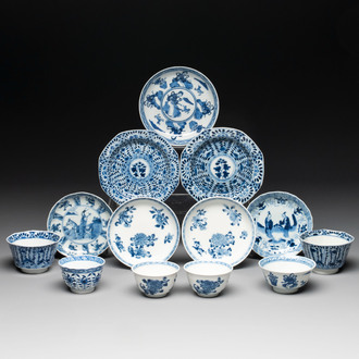 Six Chinese blue and white cups and seven saucers, 18/19th C.