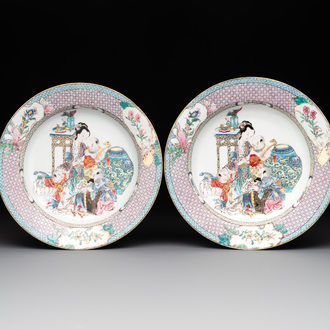 An extremely fine pair of Chinese famille rose ruby-back eggshell plates with a lady and playing boys, Yongzheng