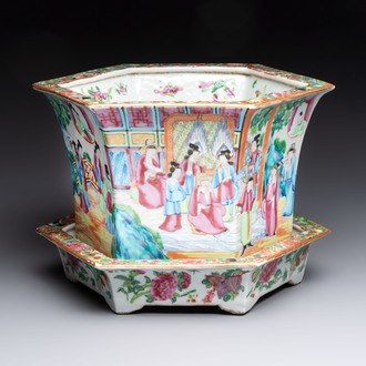 A Chinese Canton famille rose hexagonal jardinière and stand, 19th C.